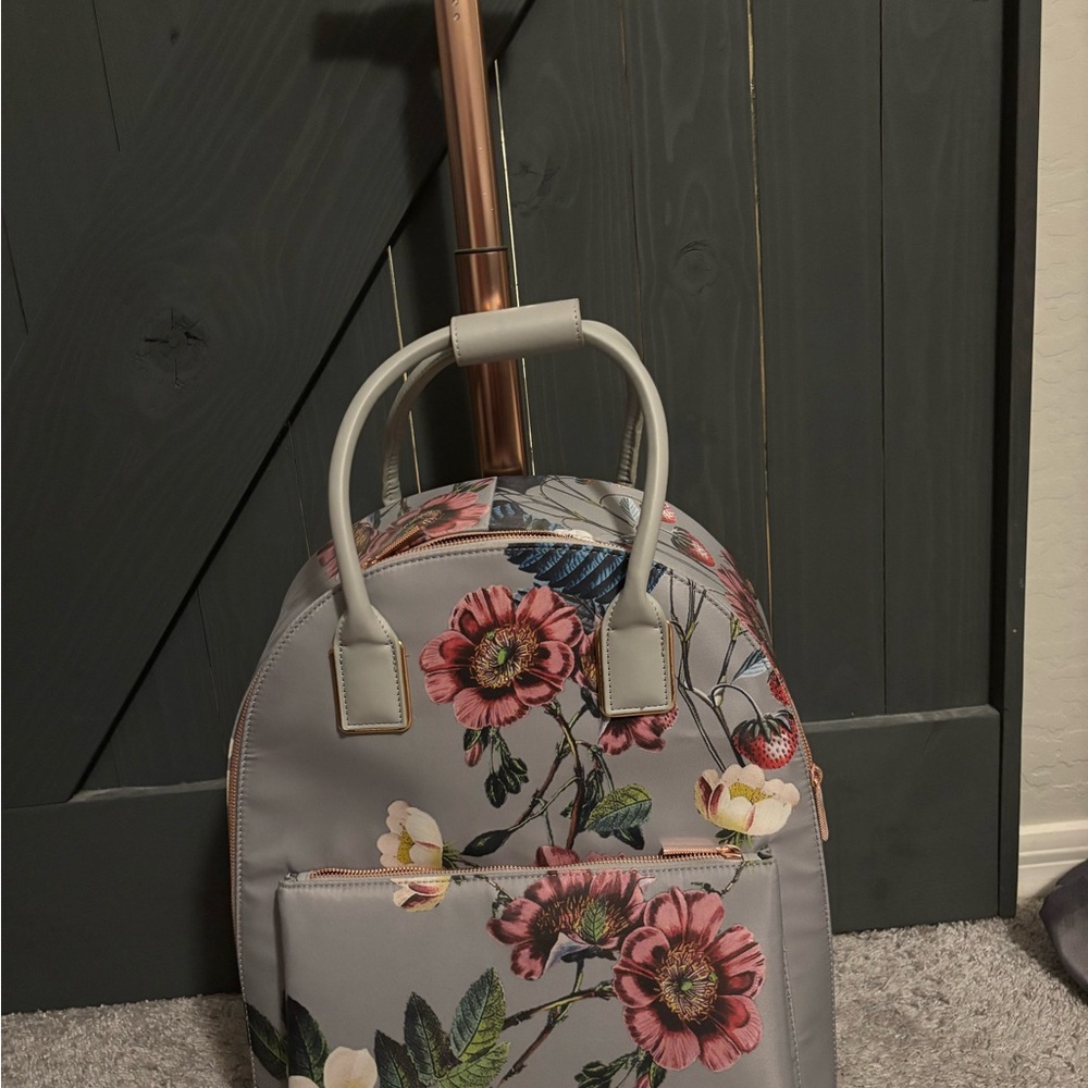 Ted Baker Grey Floral Travel Roller Bag with Pink Blooms